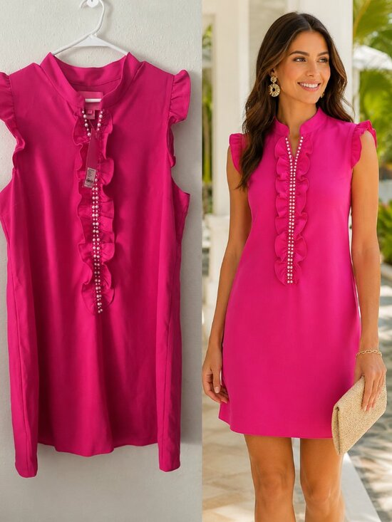 Lilly Pulitzer Dresses & Skirts - Lilly Pulitzer Adalee Shift Dress Size 12 Pink Palms Ruffle Sleeveless